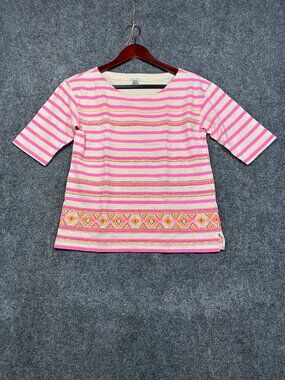 J Crew Top Womens XS Stitchwork Stripe Embroidered Cotton Aztec 3/4 Sleeve Tee